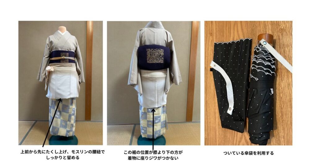 着物を短く上げて裾が濡れるのを防ぐ方法の写真