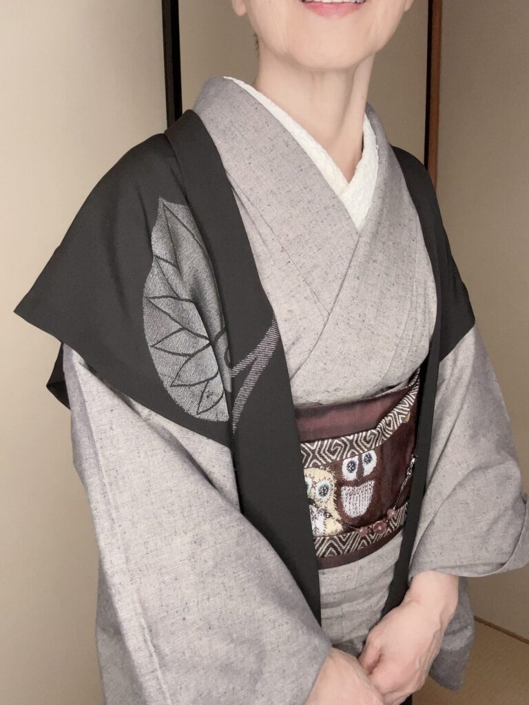 木綿着物に袷の半幅帯を合わせて裂き織りのワークショップに参加
