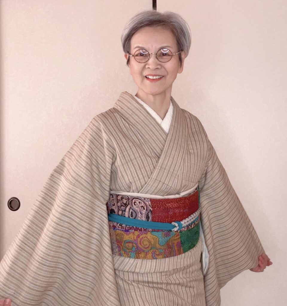 紅花紬にサリーから作ったインド更紗の帯