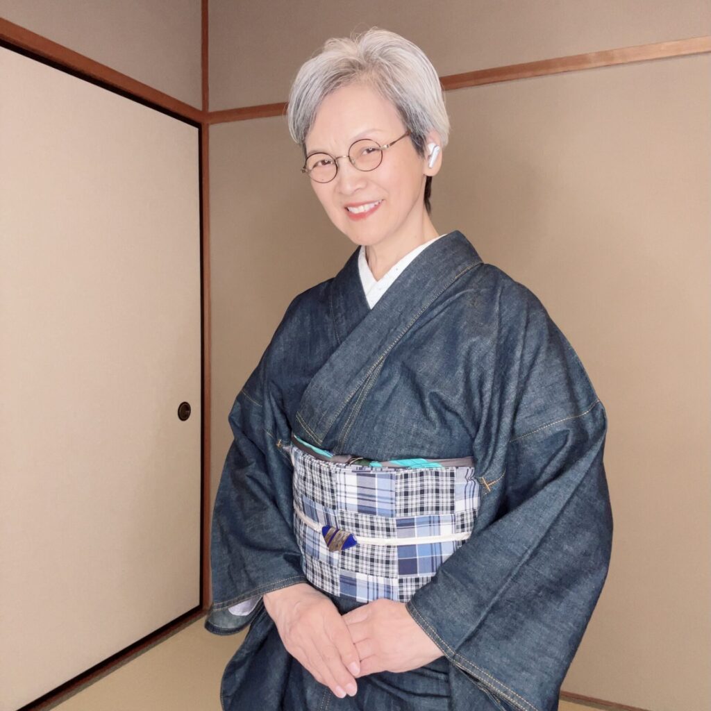 デニム着物に自作の半幅帯