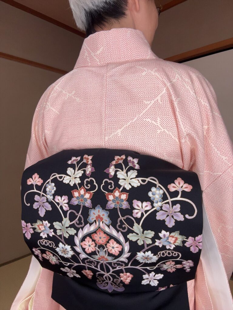 塩瀬の染帯、後ろ結びでなんとか結べました