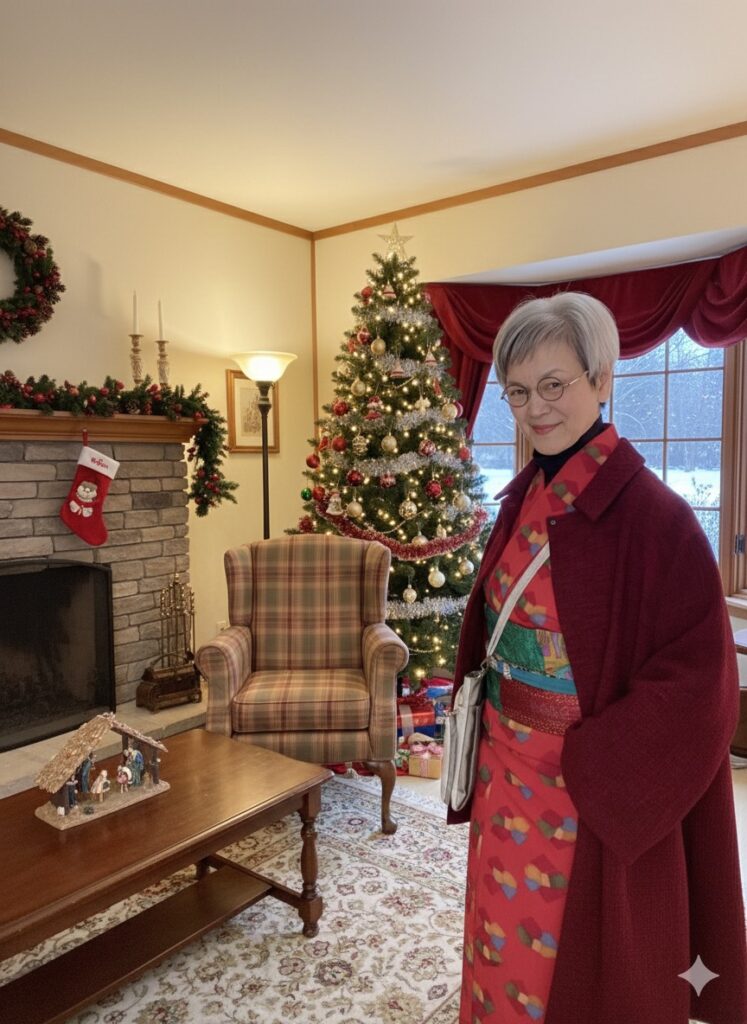 クリスマスカラーの着物コーデ