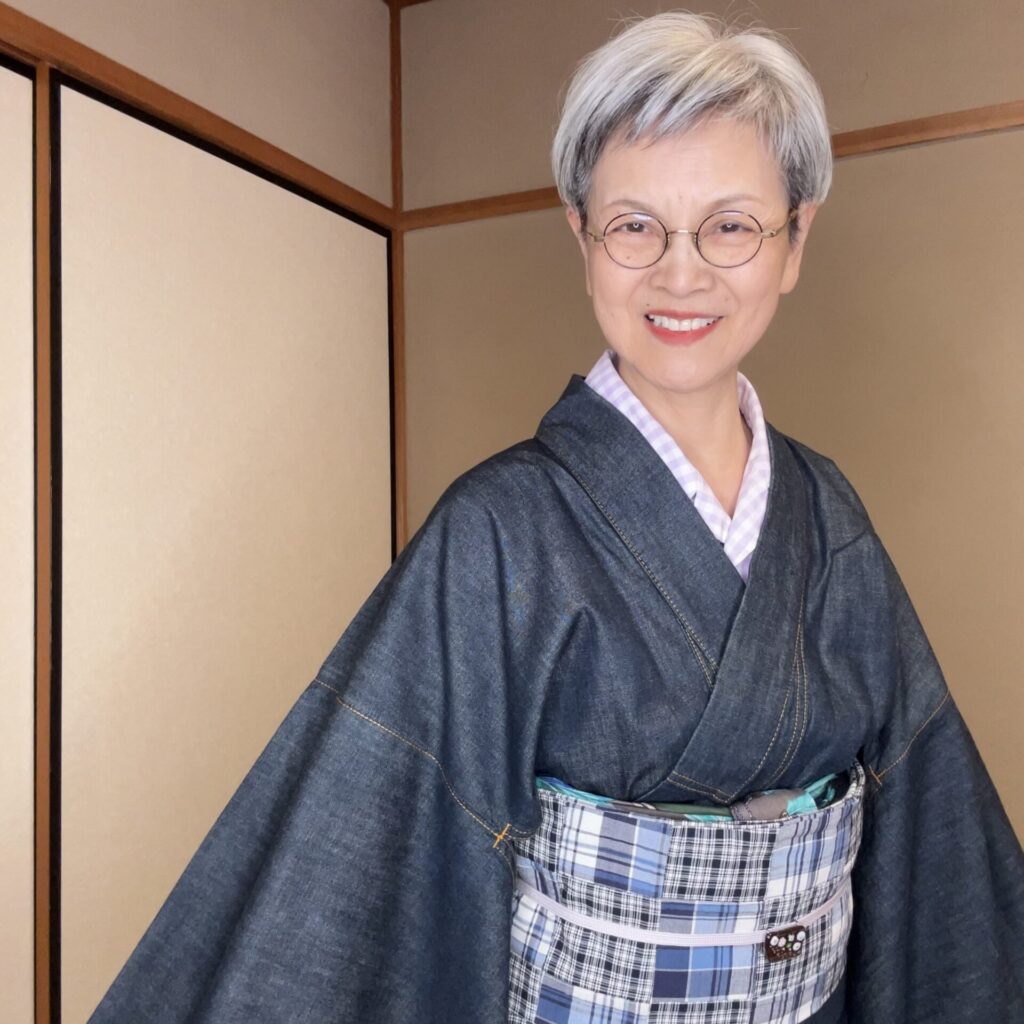 デニム着物に手作り半幅帯