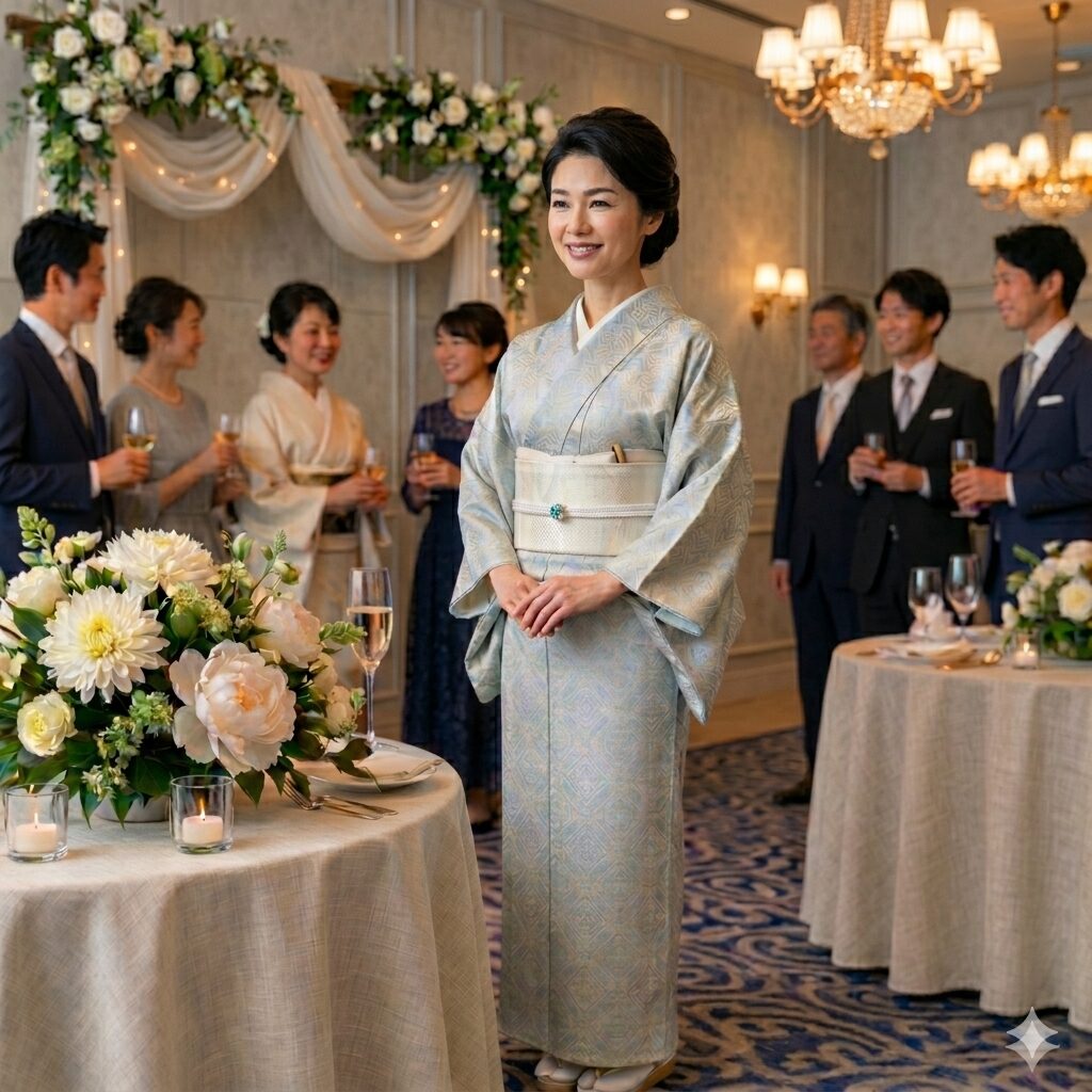 汎用性の高いお召しの色無地をスッキリ着こなして