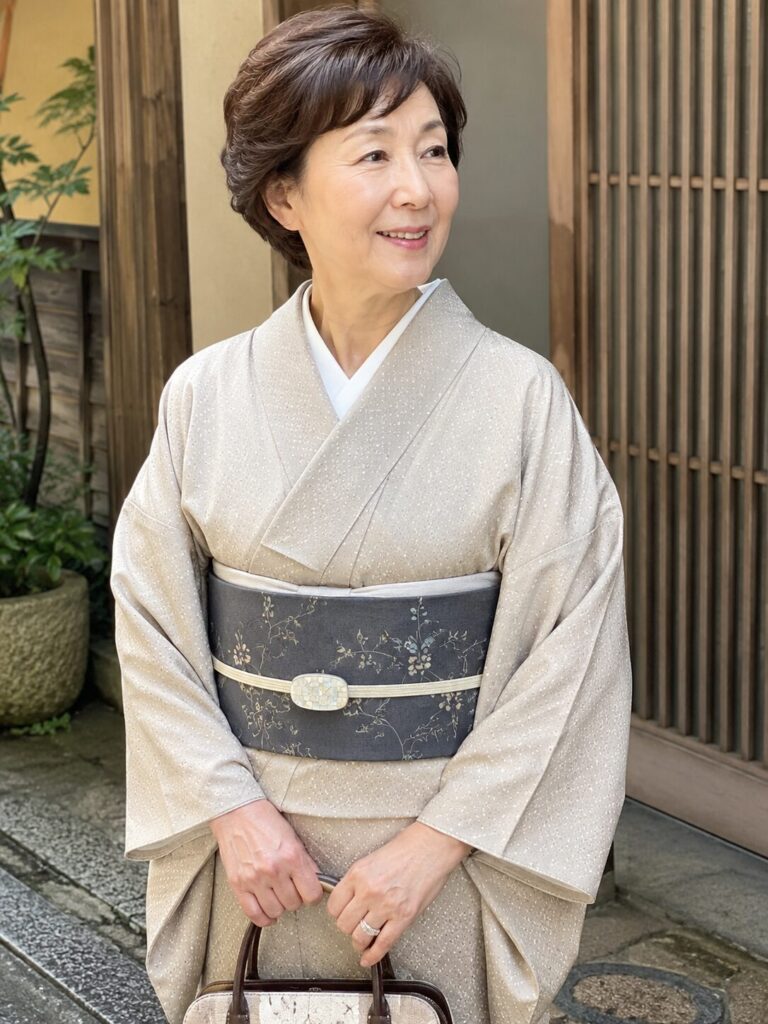 江戸小紋にシックな帯と白蝶貝螺鈿の帯留め