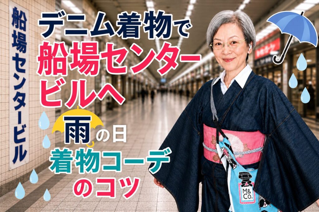 雨の日も着物でデニム着物×夏帯リメイクでカルタ結び、洋服ミックスコーデ