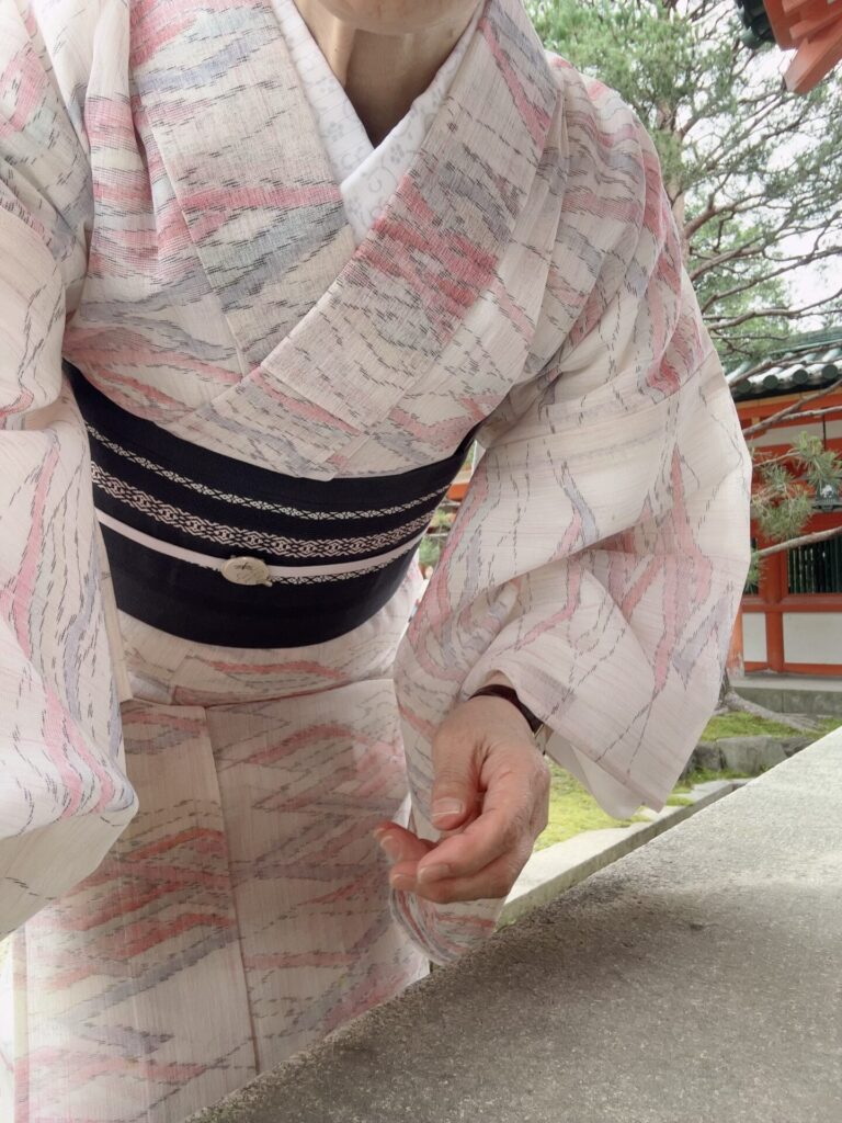 紺地の博多紗献上半幅帯にうちわにトンボ帯留めです