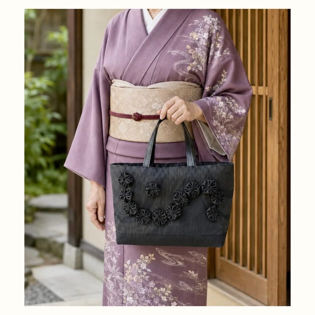 紫色の着物に黒い帯リメイクバッグを合わせた様子