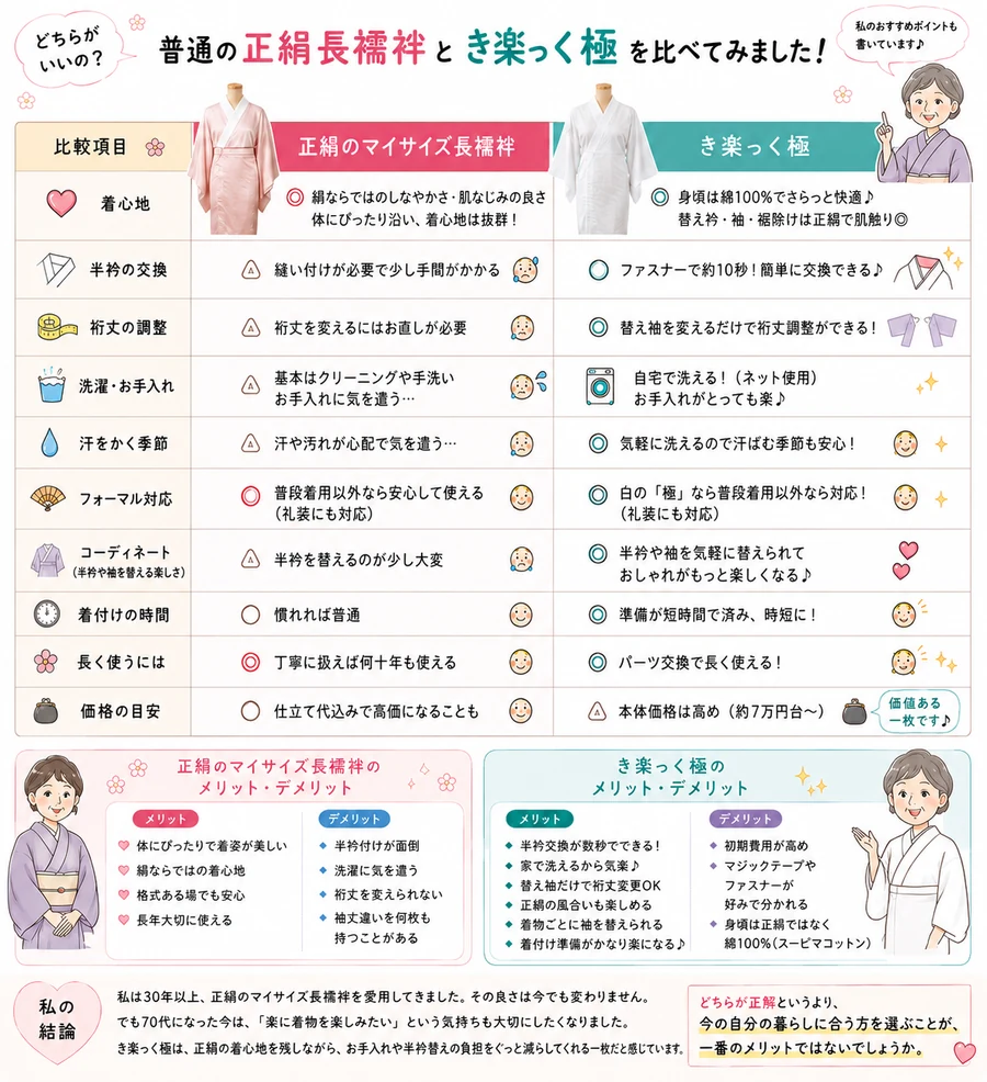 正絹のマイサイズ長襦袢とき楽っく極を、着心地・半衿交換・裄丈調整・洗濯・汗対策・フォーマル対応・着付け時間・価格など10項目で比較した図解
