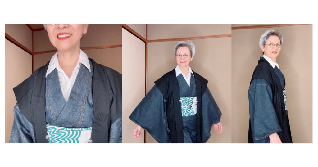 デニム着物に麻の半幅帯の面を出した洋服ミックスコーデ